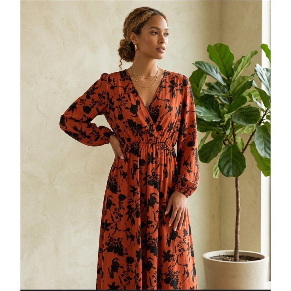 SHEIN Floral Print Long Sleeve Maxi Dress XL  With V-Neck In Burnt Orange & Blac